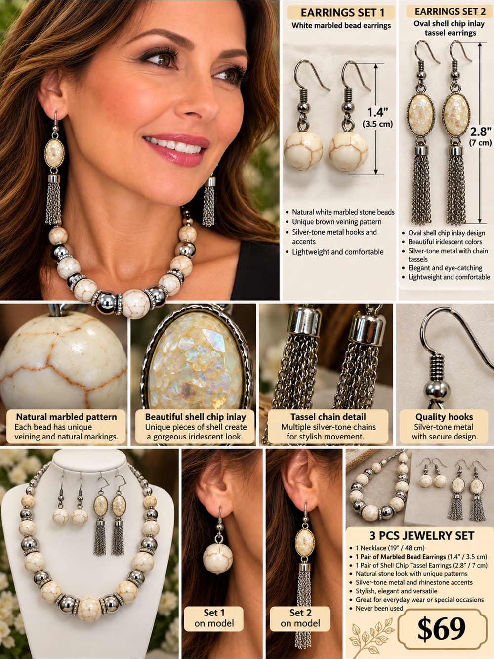 3-Piece Women’s Jewelry Set - White Marbled Bead Necklace & Tassel Earrings